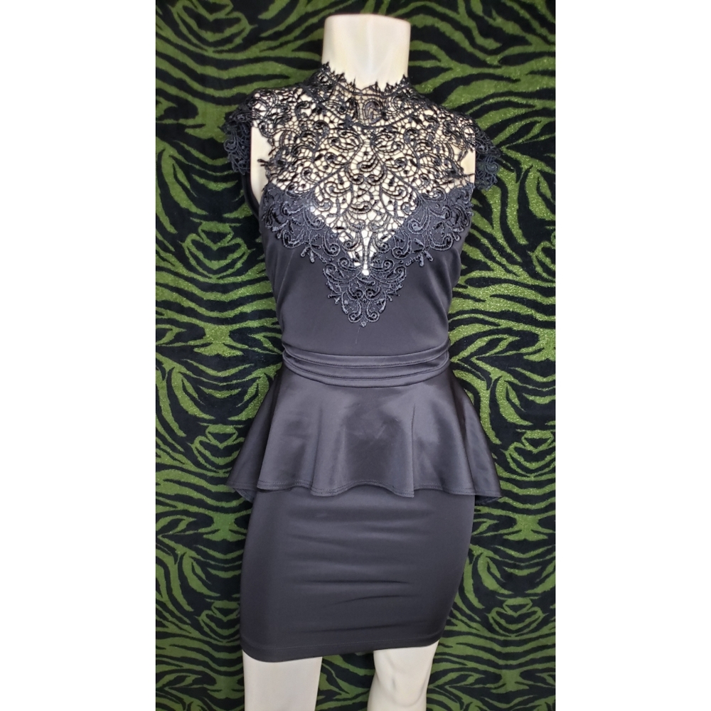 Black mock neck lace peplum mini dress